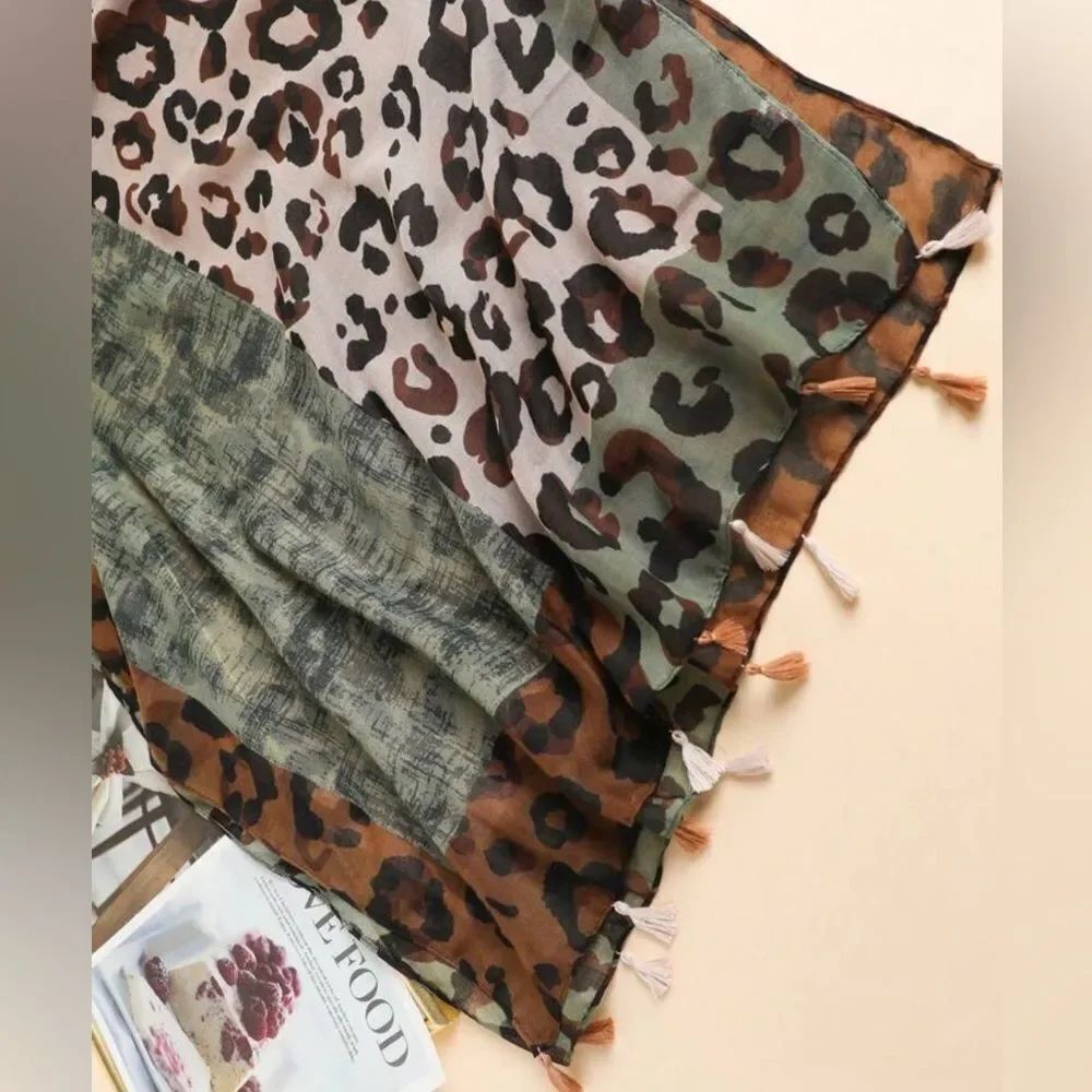 NEW! Leopard Patchwork Print Fringe Scarf - Picture 2 of 5